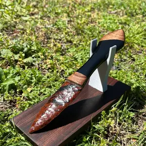 Handcrafted Obsidian Art Piece w/ Shungite Resin Handle – 8” Functional Sculpture + Display Stand