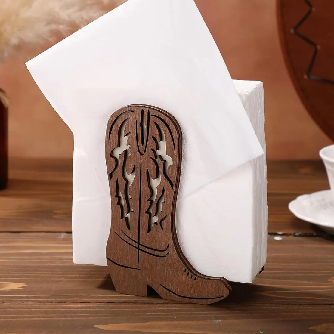 Western Cowboy Boot Napkin Holder, Rustic Wooden Stand, Open Top Design, Stable Base, Perfect for Kitchen, Farmhouse, Party Decor, Bathroom Organizing Accessories