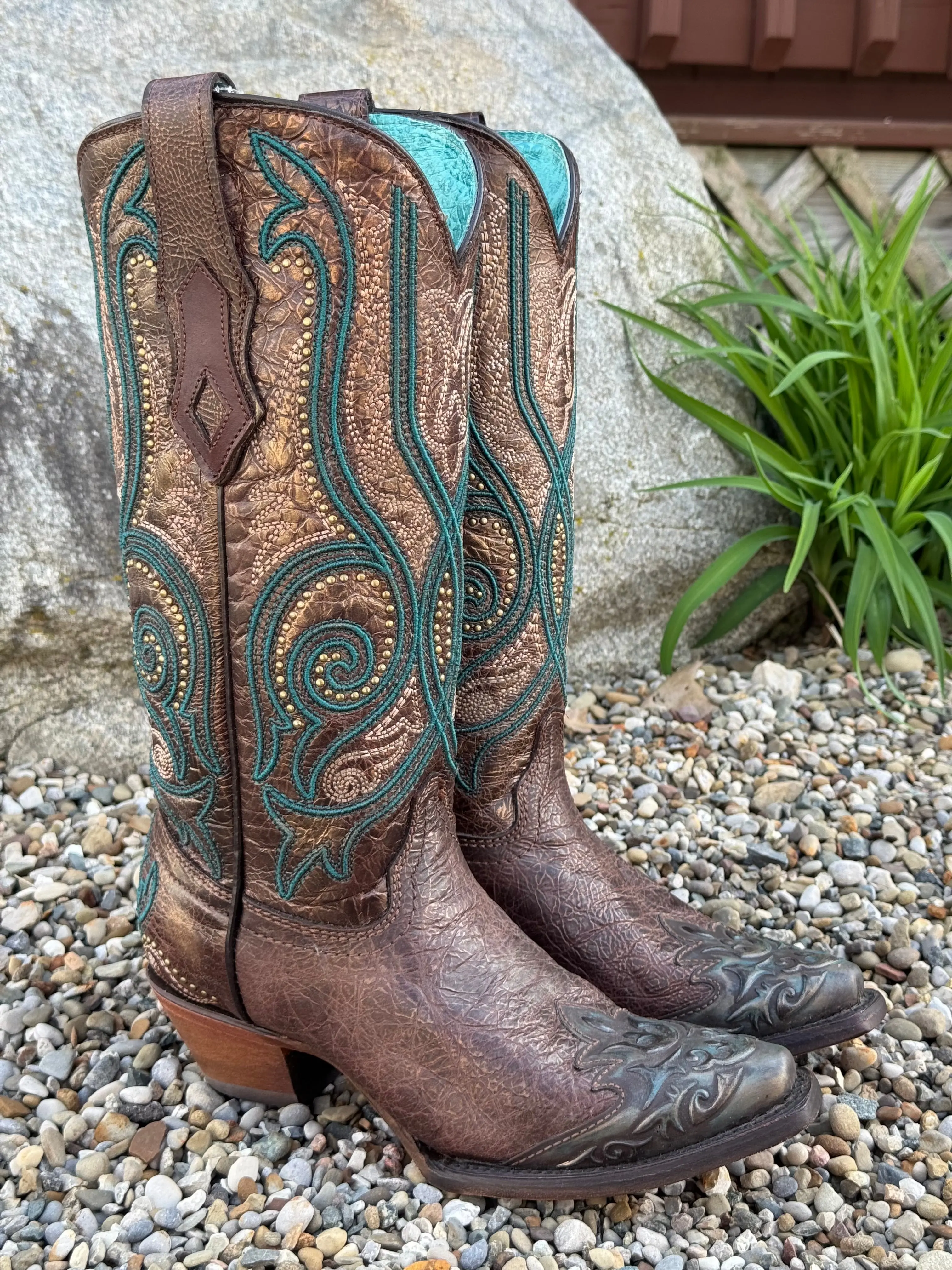 Corral Women's Bronze & Turquoise Overlay Snip Toe Cowgirl Boots C3912