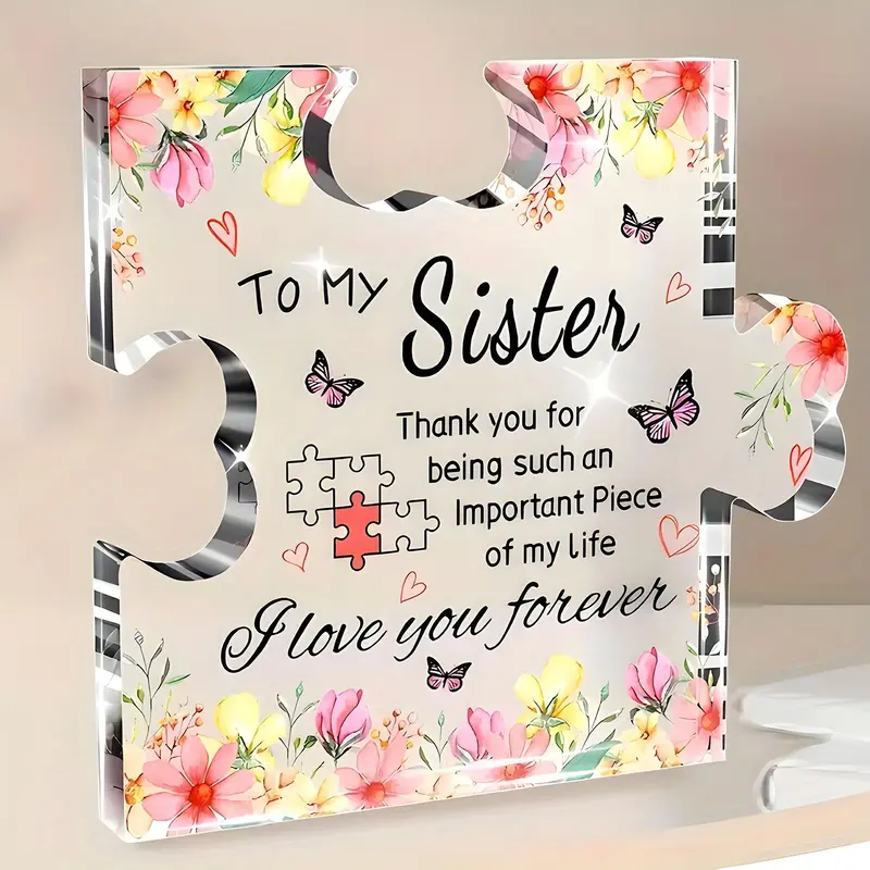 Puzzle Shaped Acrylic Photo Plaque, Decorative Plaque, House Decor Aesthetic, 1 Count Desktop Decoration Sign, Creative Gift for Sister, Home Decor for Living Room Bedroom Office, Home Decor Gifts