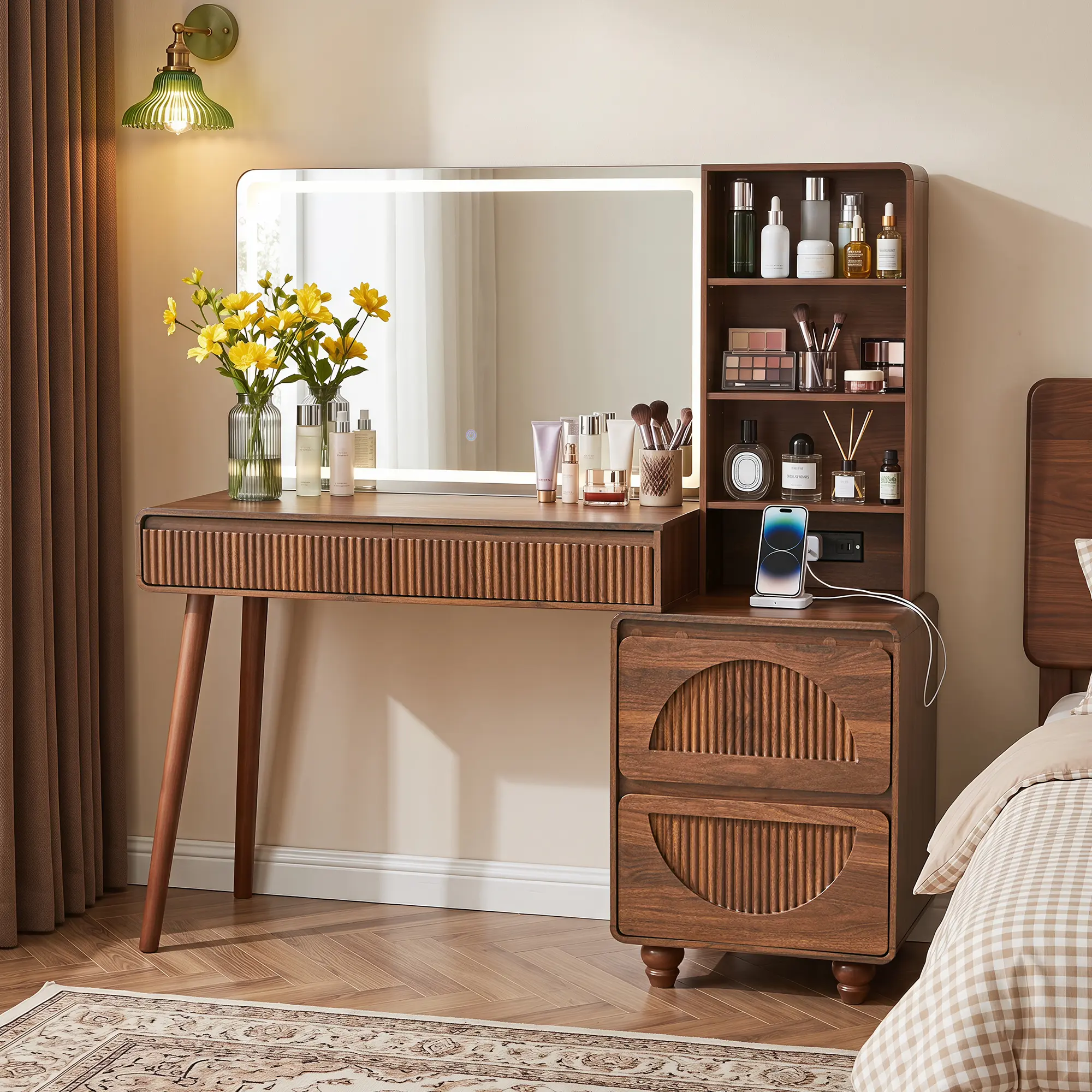 Giratree 55'' Fluted Wood Makeup Vanity Desk with Mirror and Lights, Brown Wood Vanity Table with 4 Drawers and 3 Shelves, 3 Color Modes & Adjustable Brightness Dressing Table, Bedroom