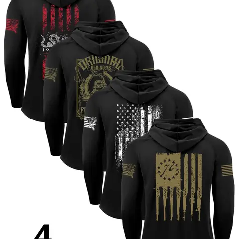 Men's Heavyweight Hooded Long Sleeve Graphic Fitted T-Shirt Set, Fan Shirt Hoodie, Premium Fabric, Suitable for Layering, Comfortable Fit, Casual & Sports Wear, Patriotic Streetwear, Menswear, Graphic Print Hoodie, Fashion Streetwear Apparel