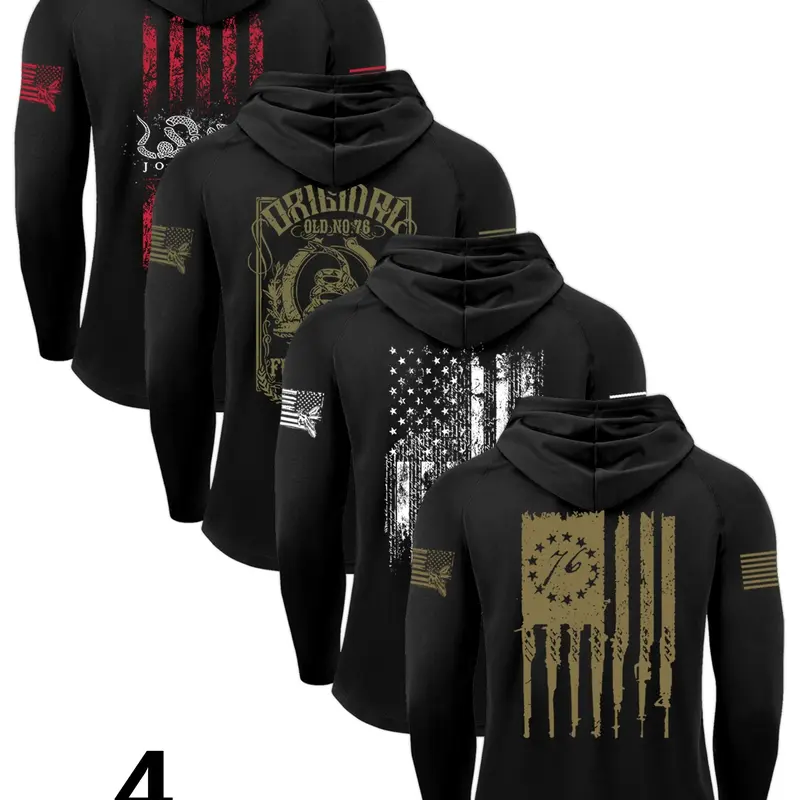 Men's Heavyweight Hooded Long Sleeve Graphic Fitted T-Shirt Set, Fan Shirt Hoodie, Premium Fabric, Suitable for Layering, Comfortable Fit, Casual & Sports Wear, Patriotic Streetwear, Menswear, Graphic Print Hoodie, Fashion Streetwear Apparel