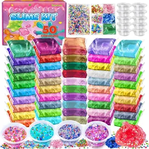 50 Pack DIY Slime Kit, Slime Making Kit for Girls, Crystal Clear Slime, Premade Slime with Add-ins, Foam Balls, Glitters, Slime Party Favors Gift Toys for Kids 3-12