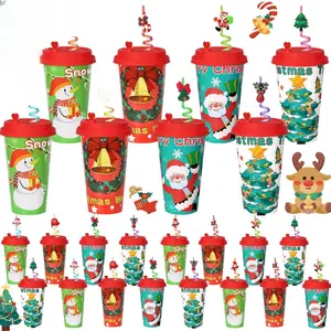 24 Sets Christmas Party Favors Goodie Cups with Lids and Silly Straws Bulk, Christmas Party Decorations 16OZ Plastic Cups for Kids Party Favors Bags Stuffers Gifts