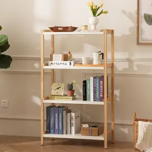 Open Shelf Bookcase - 4-Tier Floor Standing Display Bookshelf Multifunctional Display Stand for Home and Office White Shelf Bamboo