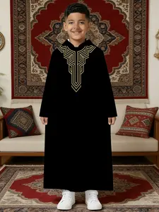 Muslim Children Hooded Robe, Gold Geometric Embroidery, Middle Eastern Arabic Boys Traditional Thobe Clothing