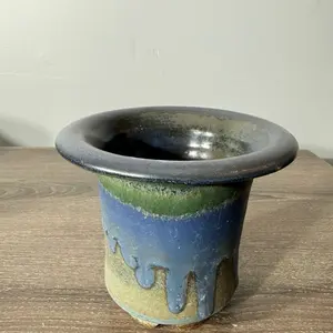 Handmade 3.5" Glazed Ceramic Plant Pot with Drainage Hole - Blue and Green Glaze