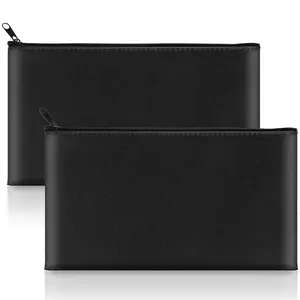 2-Pack Money Bags with Zipper, 11x6.1 Inch PU Leather Cash Pouch, Secure Bank Bag for Coins, Bills, Checks, Invoices, Cosmetics & More, Durable Pouch