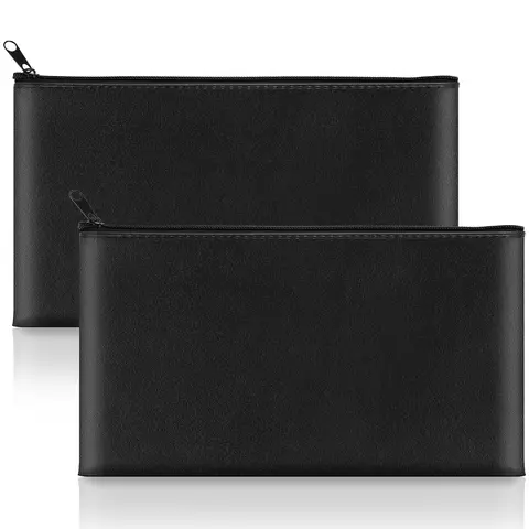 2-Pack Money Bags with Zipper, 11x6.1 Inch PU Leather Cash Pouch, Secure Bank Bag for Coins, Bills, Checks, Invoices, Cosmetics & More, Durable Pouch Holder