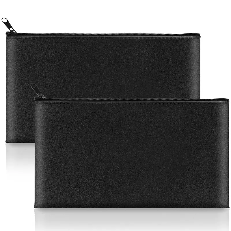 2-Pack Money Bags with Zipper, 11x6.1 Inch PU Leather Cash Pouch, Secure Bank Bag for Coins, Bills, Checks, Invoices, Cosmetics & More, Durable Pouch Holder
