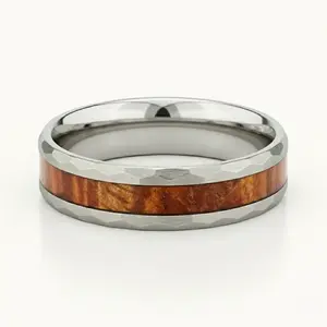 Whiskey Barrel Wood Inlay Hammered Tungsten Carbide 8mm Wedding Band
