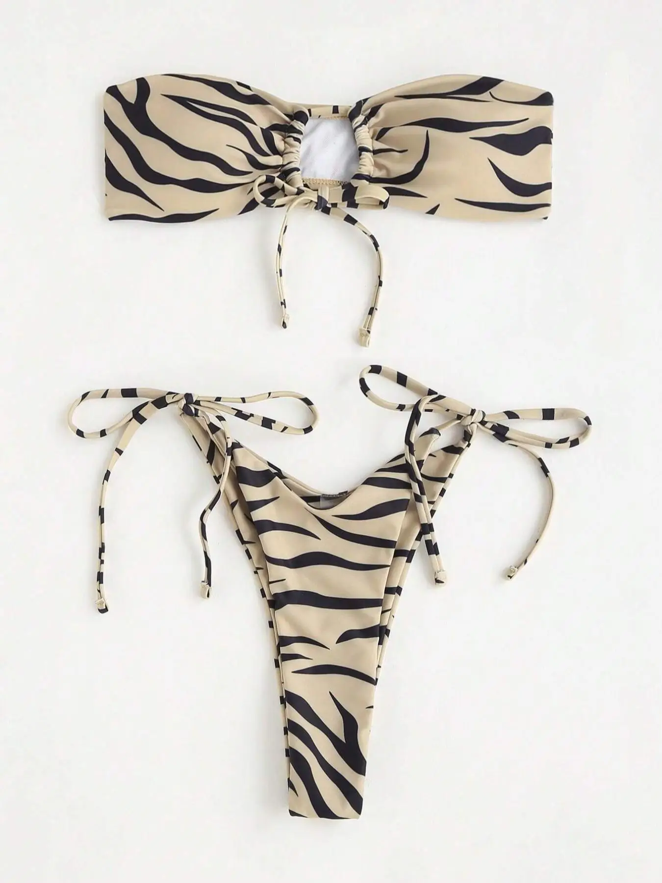 Two-Piece Set Women's Back To School Zebra Stripe Print Summer Bikini Sets, Casual Tie Front Bandeau Top & Tie Side Thong Swimwear Set, Swimsuit for W