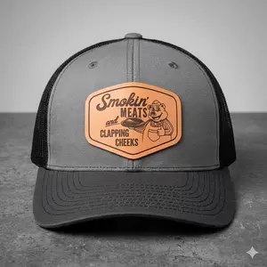 Smokin’ Meats Funny Leather Patch Trucker Hat, BBQ Humor Cap, Flexfit & Ponytail Snapback Hat, Viral Grill Master Gift For Dad, Pit Boss BBQ Hat, Funny Meat Smoker Cap For Him