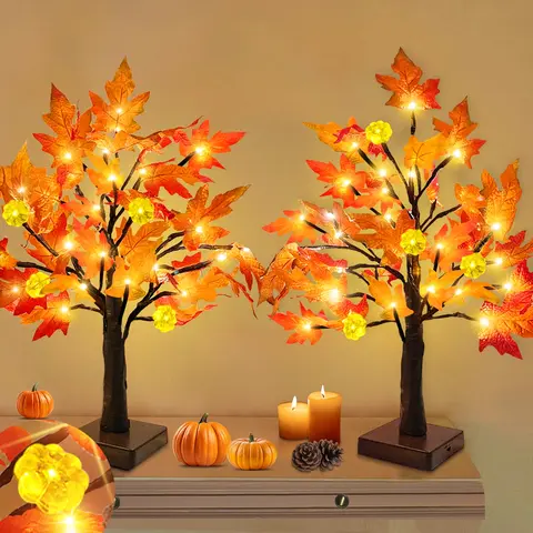 2-Pack 18-in Prelit Artificial Maple Tree Set with 48 LEDs, Timer, Battery-Operated Pumpkin Lights, Cozy Fall Decor for Home, Halloween Decorations, Thanksgiving Decor for Table Mantle Indoor Outdoor