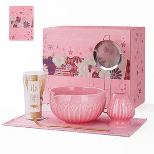 ZENS Lotus Matcha Whisk Set Pink Set 6 Hand Sprayed Glaze Bamboo Whisk 450ml Ceramic Bowl Tea Towel Gift for Tea Lovers for ValentinesDay