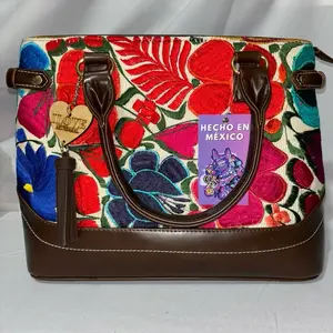 Handmade Embroidered Women's Bag with Floral Design Hecho En Mexico Brown Handles