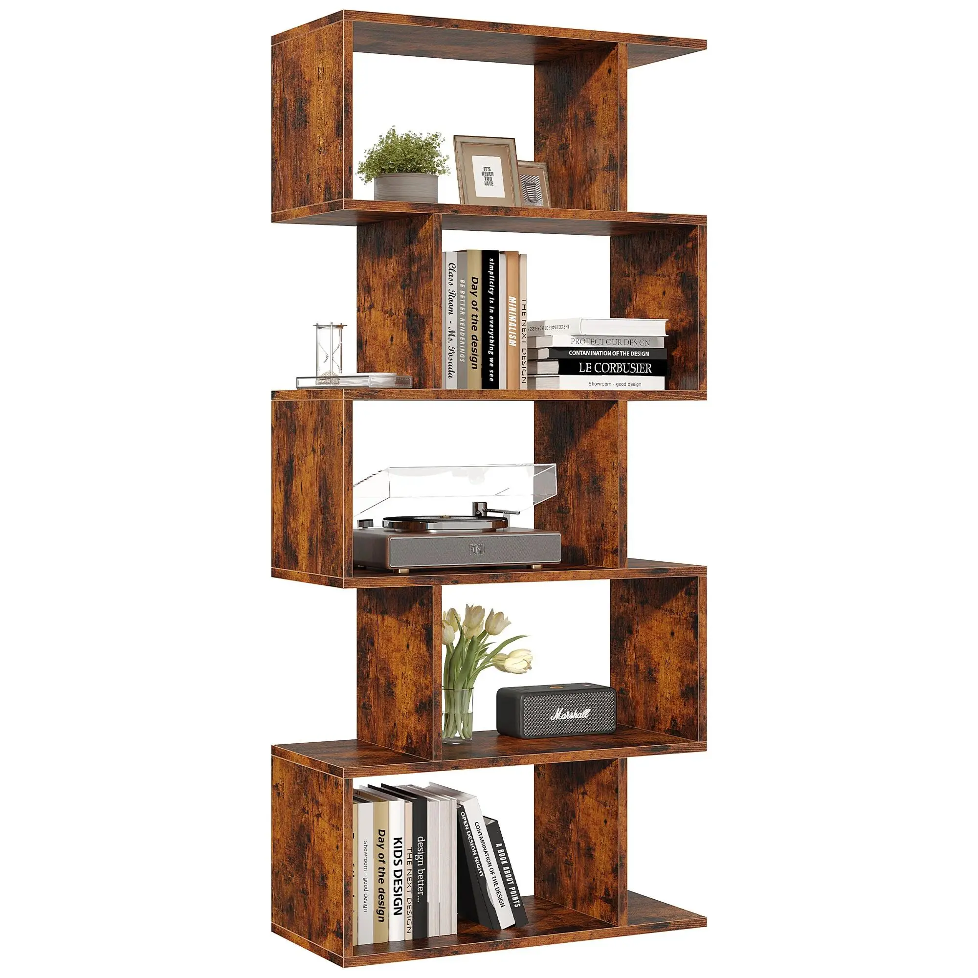 62IN Geometric Bookcase 5 Tier S-Shaped Wooden Display Bookshelf Storage Standing Shelf Stable Frame Graduated Shelves