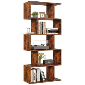 62IN Geometric Bookcase 5 Tier S-Shaped Wooden Display Bookshelf Storage Standing Shelf Stable Frame Graduated Shelves