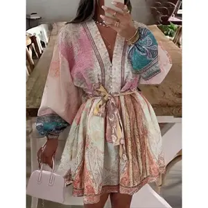 Women’s short dress, boho chic dress, casual boho-style long-sleeve dress for beach vacations, ladies’ summer clothing, womenswear