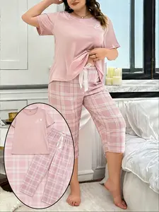 Women's Plus Size Plaid Heart Print Sleepwear Set, Casual Short Sleeve Two-Piece, Spring & Fall Home Wear, Sweet and Stylish