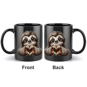 Cute Sloth Heart Hands Coffee Mug, 11oz Black Ceramic Double-Sided Printed Cup, Adorable Animal Gift for Sloth Lovers, Women, Girls, Birthday & Valentine's Day Present