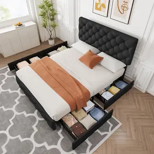 Garvee Full Size Bed Frame with 4 Storage Drawers, Linen Upholstered Platform Bed Frame with Headboard and Footboard, Wooden Slats Support, Diamond Stitched Button Tufted, No Box Spring Needed, Black