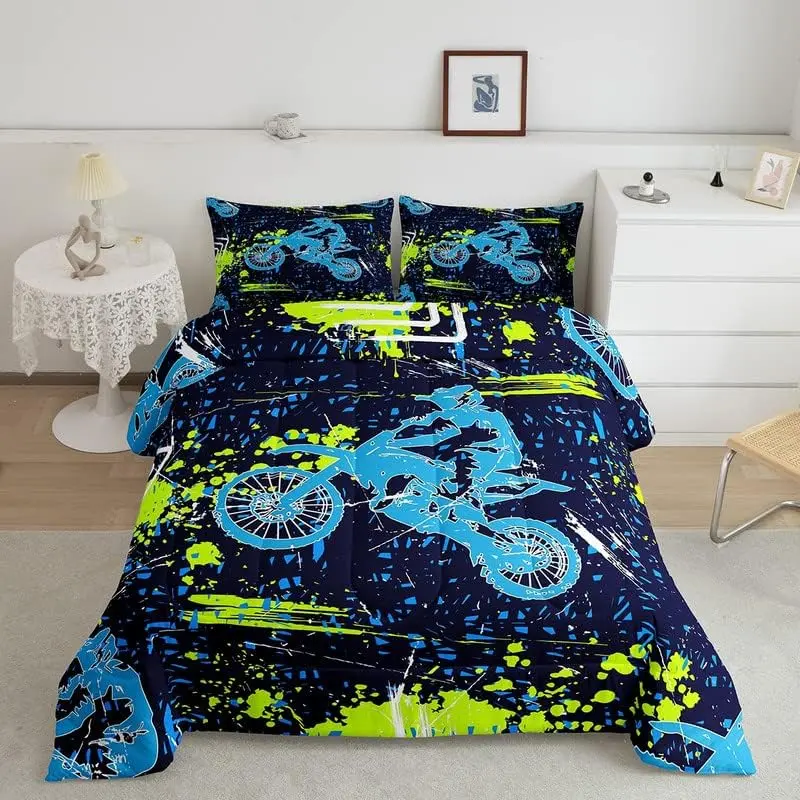 Feelyou Durable Microfibre Sport-Themed Duvet Set - Bedspread & Bed Comforter with Modern Geometric Digital Dirt Bike Print, Breathable Soft Linens for Motocross Enthusiasts, Machine Washable, King & Multi-Size Options
