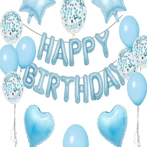 27 Piece Light Blue Birthday Decorations Set, 3D Letter Happy Birthday Banner, Star Heart Foil Balloons, Multicolor Confetti Balloon Kit, Heart Shaped Balloons
