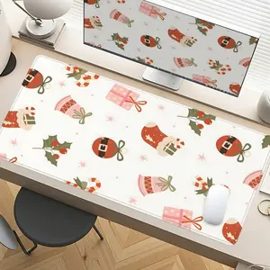 Extra Large Christmas Holly Berry Candy Cane Mouse Pad Festive Gaming Desk Pad 35x16 Inch Computer Keyboard Mousepad with Non-Slip Rubber Base Durable Stitched Edge Perfect Gift for Home and Office