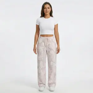 APUYO Women's Pink Camouflage Pants — Mid-to-Low Rise, Loose-Fit Casual Sweatpants. Features soft fabric and an elastic waistband; suitable for both fitness activities and everyday wear. catch print pants