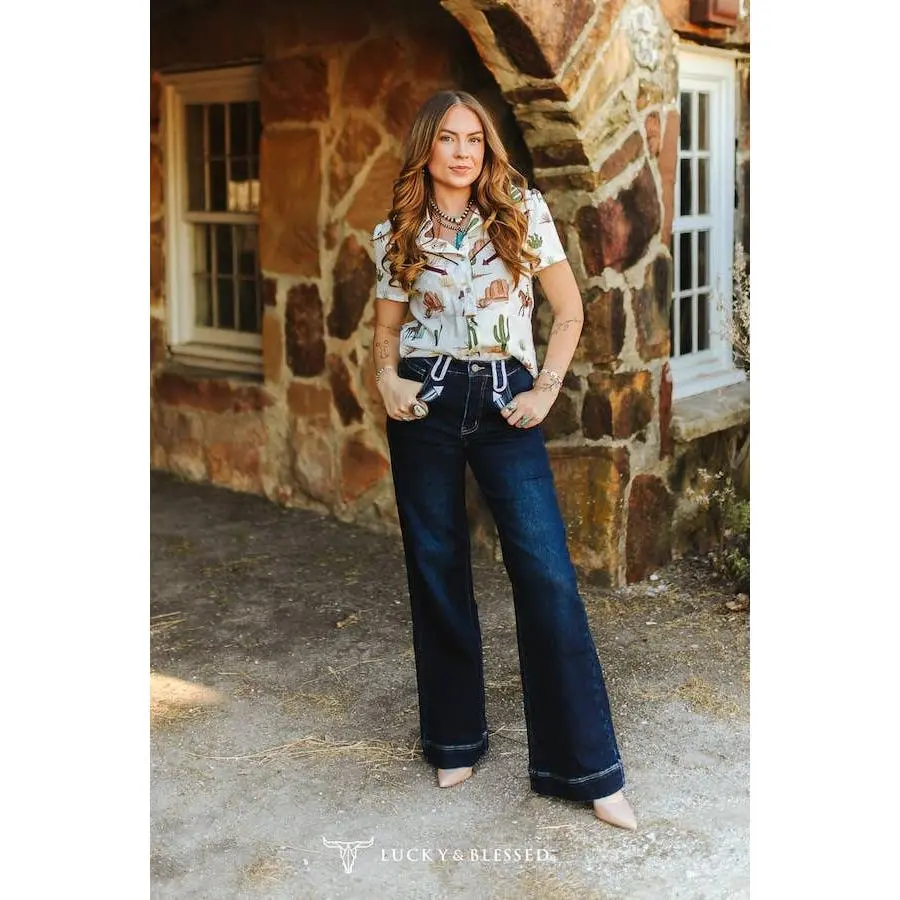 Dark Wash Stretch Denim Western Wide Leg Jeans