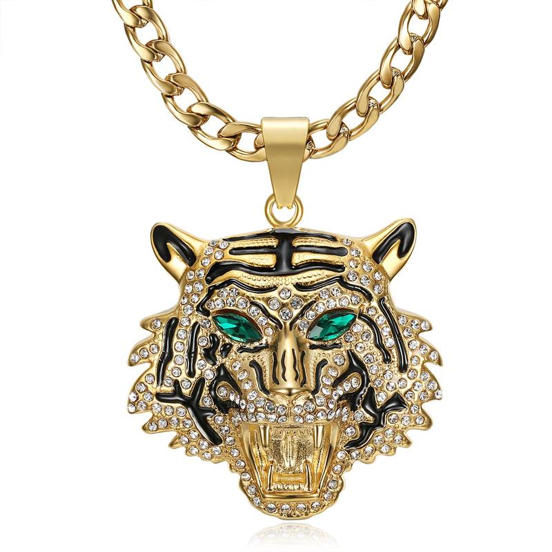 18K Gold Plated Tiger Head with Green Eyes Pendant Punk Rock Stainless Steel Necklace, 24 Inch 7mm Chain for Men Women Hip Hop Animal Gift