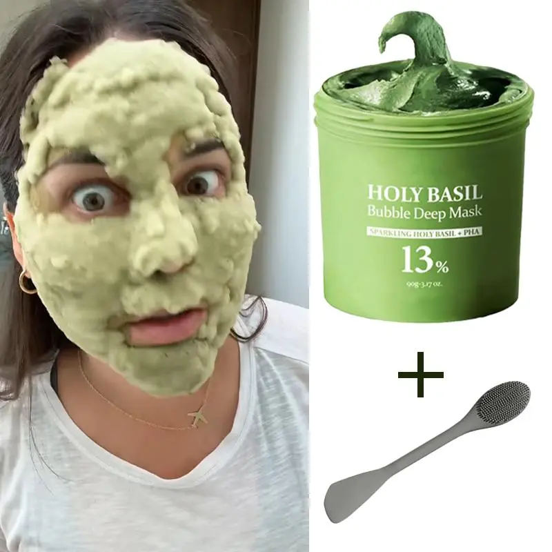 Bubble  basil  mask Cooling Cleansing Mud Mask Holy Basil Bubble Deep Mask – Holy Basil & Carbonated Water for Cleansing Pores & Blackheads, Suitable for All Skin Types, Vegan Clay-to-Bubble Wash-Off Mask (90g / 3.17 oz)