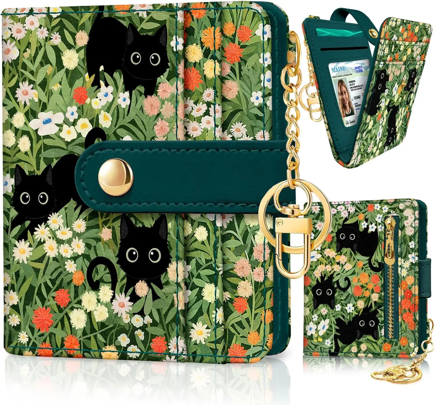 Slim Thin Credit Card Wallet, PU Leather Bifold Cash Zipper Coin Pocket ID Window for Female Ladies Teen Girls Girly