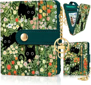 Slim Thin Credit Card Wallet, PU Leather Bifold Cash Zipper Coin Pocket ID Window for Female Ladies Teen Girls Girly