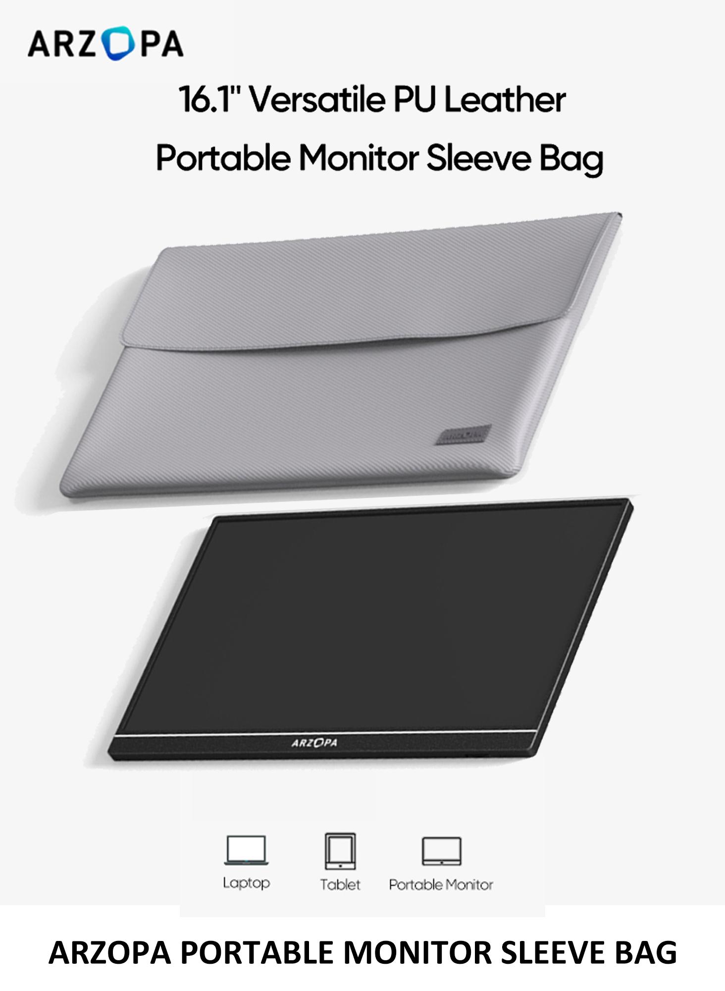 ARZOPA Portable Monitor Sleeve Bag PU Leather Case for Travel Gray Water-resistant Lightweight Slim Compatible with Portable Monitor Laptop Tight Closure