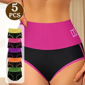 Women's High Waist Elasticity Briefs Set, Tummy Slimming Cotton Breathable Briefs Underwear Elegant Hip Lifting Shaping Briefs Womenswear , Mixed Colors, S-XXL, 5 Packs