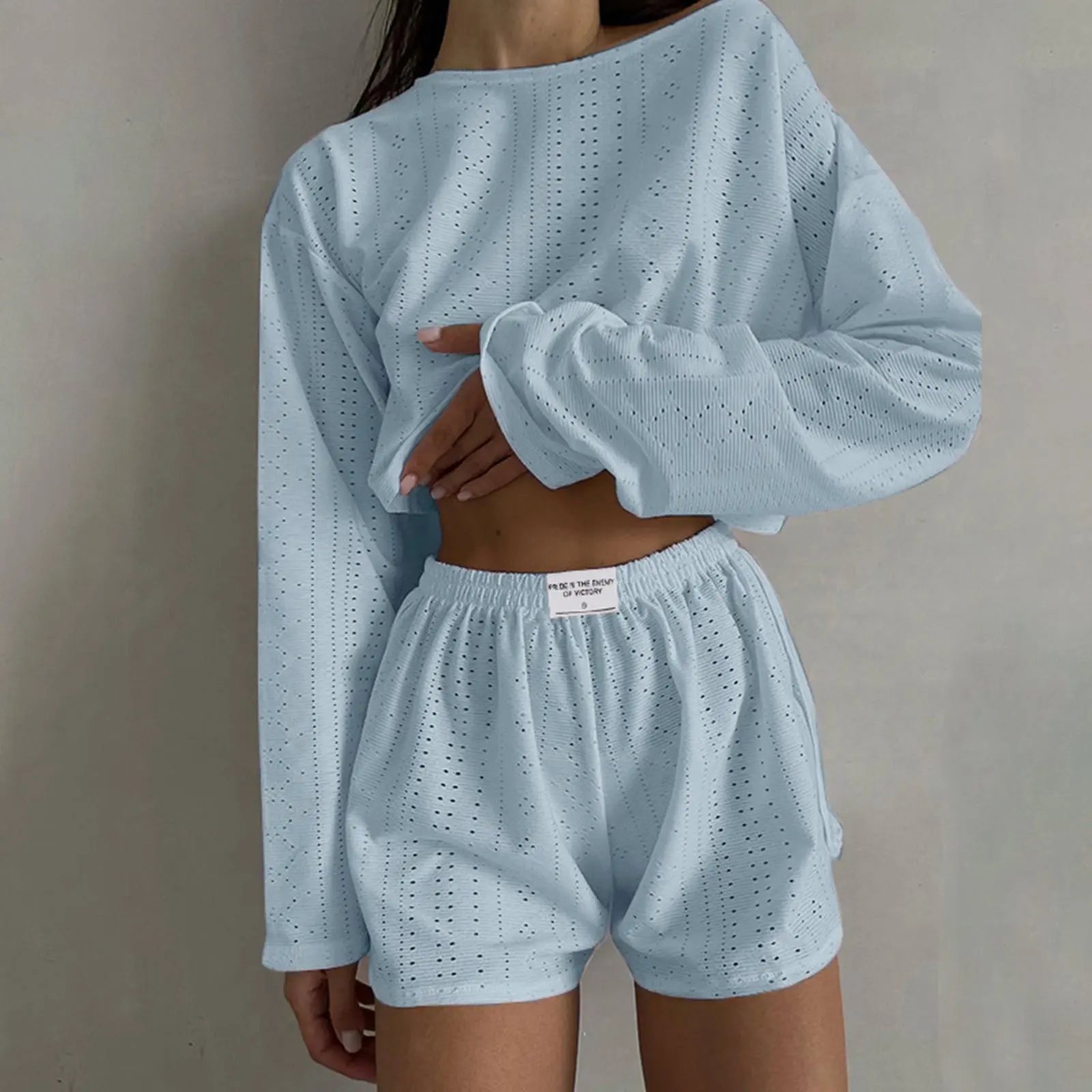 Women's 2-Piece Chic Polyester Crop Tracksuit Set - Long Sleeve Top & Matching Elastic Bottom Shorts, Summer Casual Slimming Comfortable Breathable Lightweight Hip Outfit for Cocktail Occasions, Fashion