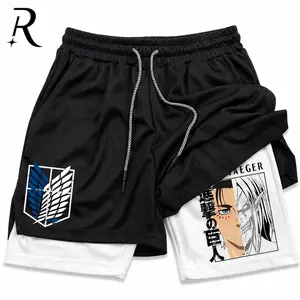 Men's Anime Attack on Titan Eren Jaeger 2-in-1 Quick-Dry Bilayer Gym Shorts - Athletic Workout Clothing, Black White Summer Holiday Gifts