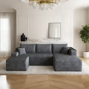Eyisean 94" Corduroy Upholstered Boneless Couches with Chaise/Ottoman, U Shape Modular Sectional Sofa with Deep Seat, Cloud Sectional Fluffy Couches for Living Room/Office, No Assembly Required