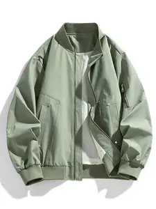2026 Men's Solid Zip Up Bomber Jacket, Loose Casual Long Sleeve Drop Shoulder Baseball Collar Outerwear for Spring & Fall, Men's Clothes for Daily Wear