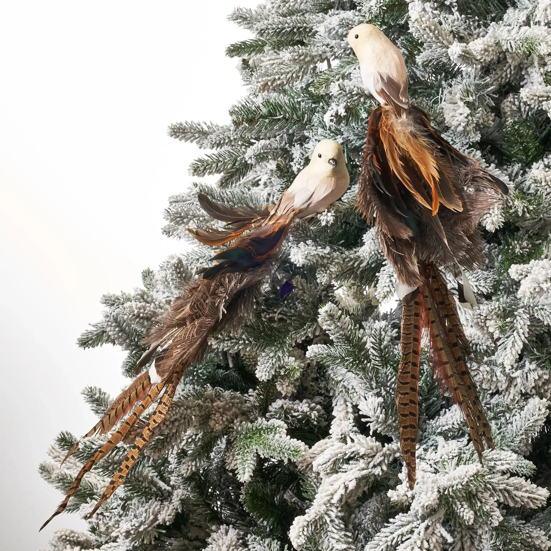 Handmade Large Cream & Brown, Grey Ostrich Feather Clipped-On Decorative Bird Ornament Set - Set of 2 Left/Right Bird Decorations for Christmas Tree Festive Decor