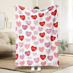 Valentine Flannel Blanket Throw, Pink Hearts with Words Soft Fuzzy Plush Cozy Fleece Blankets for Couch Sofa Bed Lounging, Ideal Gifts for Kids Adults Wife Self, 50x60
