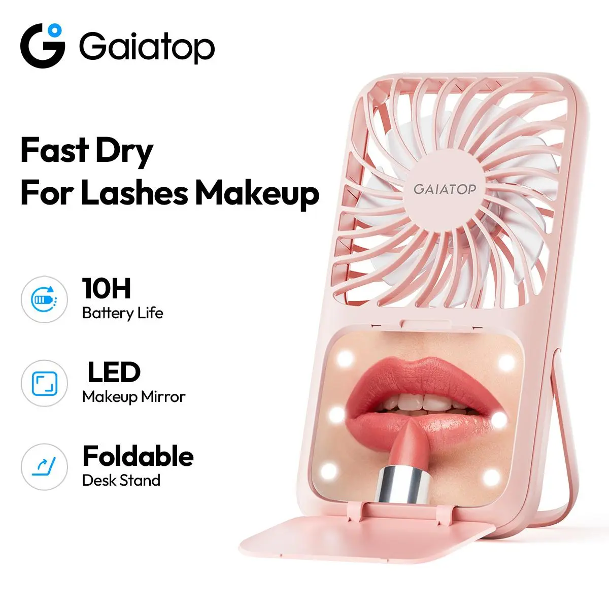 [LED Mirror] GAIATOP Handheld Portable Fan with Folding Stand, 3-Speed Rechargeable Portable Fan, Women's Mini Travel Product & Traveling Gadget for Makeup, Mini Travel Products