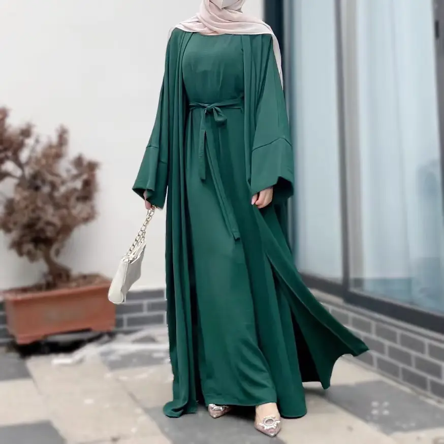 Solid color abaya set sleeveless inner dress 2 pcs set crepe MS080