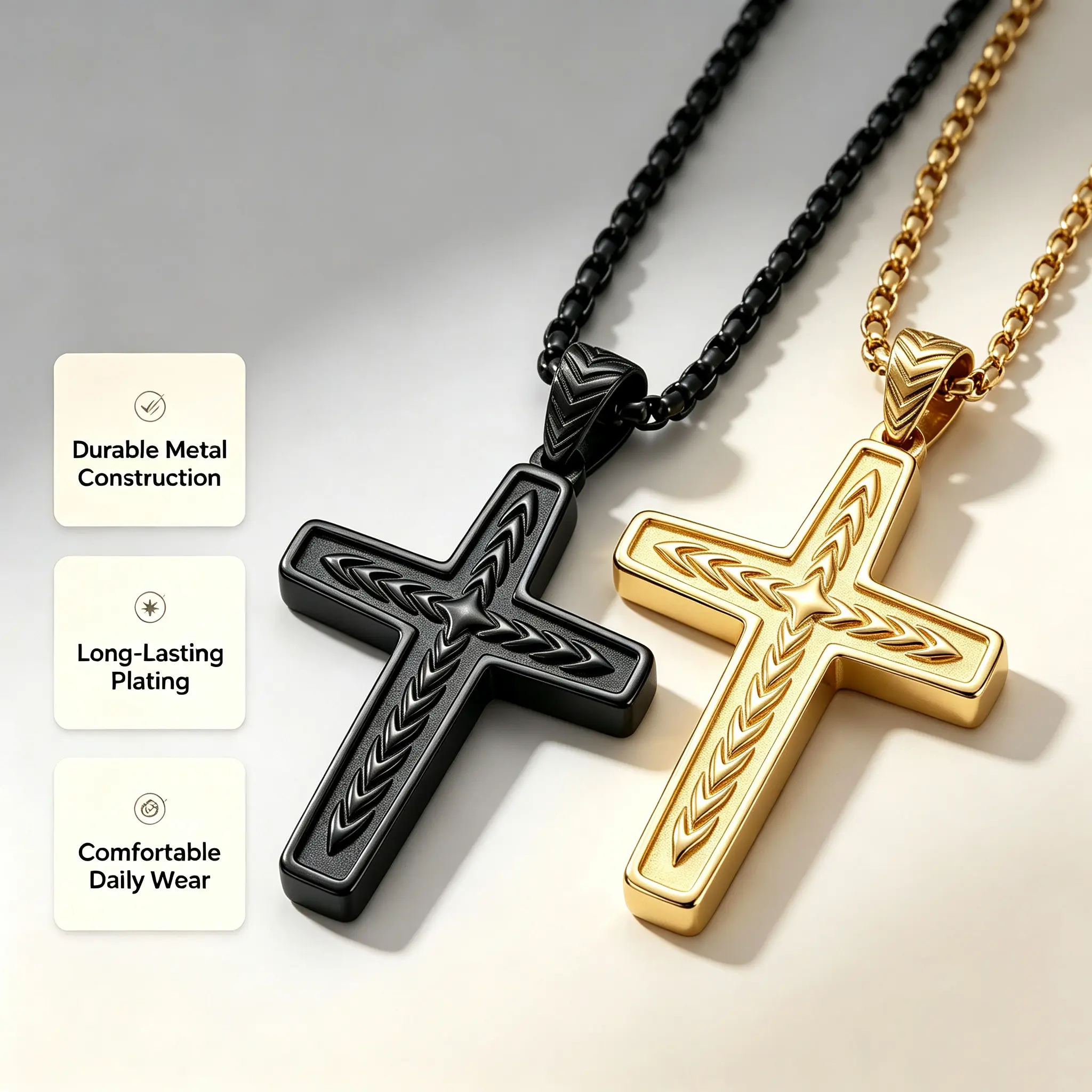 Men's Cross Necklace Tarnish Free Hypoallergenic Rust Proof, Stainless Steel Black Gold Wheat Engraved Cross Pendant, Religious Christian Jewelry for Men Everyday Wear Streetwear Gift for Him Husband Dad Fathers Day Birthday Gift