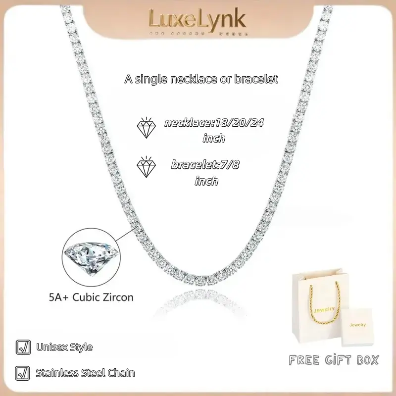 Tennis Necklace or Bracelet 3mm/5mm Simulated Diamond Tennis Necklace for Women/Men  Classic 8"/ 18"/20"/24" Lengths with Upgraded Box Clasp Safety Latch Gold Jewelry  Valentine's Day gift