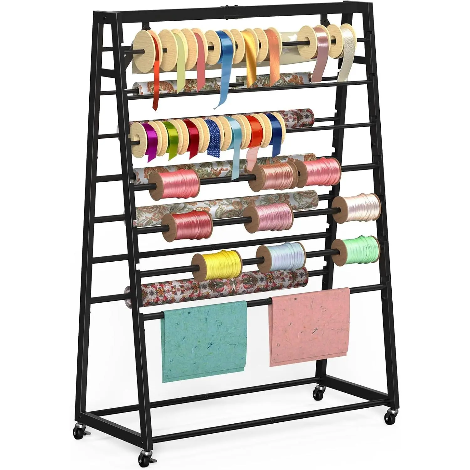 15 Tier Ribbon Organizer, Double-Sided Rolling Metal Ribbon Holder, Heavy Duty Ribbon Rack Baked Paint Coating, Craft Storage Cart for Wrapping Paper,Vinyl Rolls,Spool Rack for Flower Shop Craft Room2026