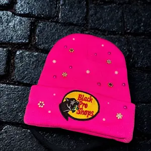 Black Pro Shops Custom Hot Pink Beanie with Embellishments and Logo